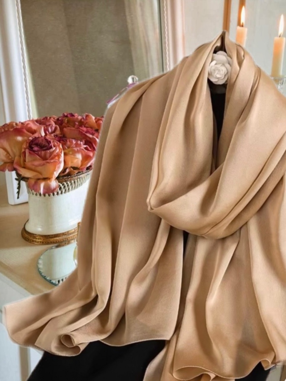 100% SILK SATIN Light Camel Brown Large Shawl Scarf Wrap Beige Wedding Cover Up